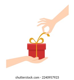 Hands with gift box isolated on white background. Vector illustration in flat style
