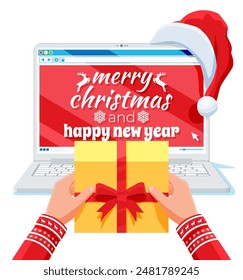 Hands with gift box and laptop is in Santa Claus hat isolated. Christmas presents and gifts. Happy new year decoration. Merry christmas holiday. New year and xmas celebration. Flat vector illustration