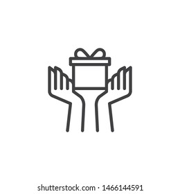 Hands with gift box line icon. linear style sign for mobile concept and web design. Present box in hand outline vector icon. Symbol, logo illustration. Vector graphics