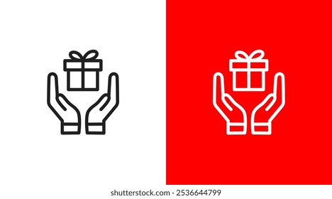 Hands and gift box logo icon. Hands holding gift box prize symbol. Hands giving prize gift box. gift box prize care logo icon design template