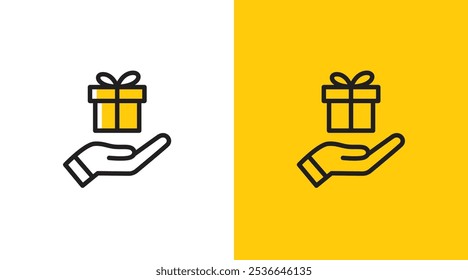 Hands and gift box logo icon. Hands holding gift box prize symbol. Hands giving prize gift box. gift box prize care logo icon design template
