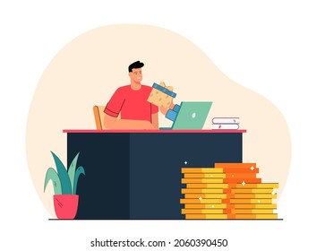 Hands with gift box stretching to man sitting in front of laptop. Special offer or loyalty program flat vector illustration. Ecommerce, marketing concept for banner, website design or landing web page