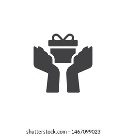 Hands with gift box vector icon. filled flat sign for mobile concept and web design. Present box in hand glyph icon. Symbol, logo illustration. Vector graphics