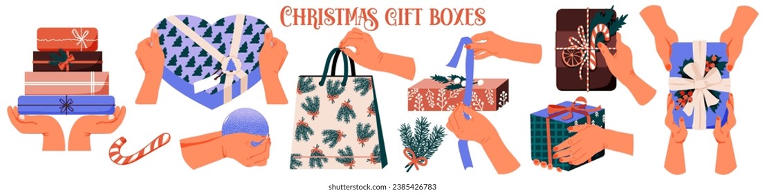 Hands with gift boxes set. Holding present box, holiday packages in festive paper wrapping, tied with ribbon, bow. Gift Packaging. Christmas surprise. Vector illustration