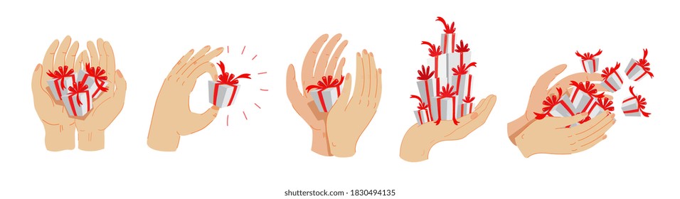Hands with gift boxes set. Various positions of hands holding gifts with red ribbons. Vector illustration of a hands with holiday presents on isolated white background. 