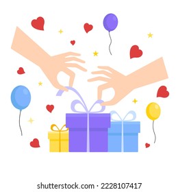 Hands with gift boxes, valloons, hearts isolated on white background. Vector illustration in flat style