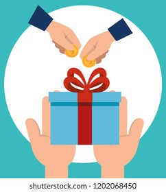 hands with gift and coins