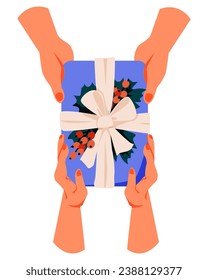 Hands with gift. Holding present box, holiday package in festive paper wrapping, tied with ribbon, bow. Christmas surprise. Vector illustration