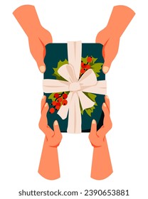 Hands with gift. Holding present box, holiday package in festive paper wrapping, tied with ribbon, bow. Christmas surprise. Vector illustration