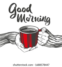 hands of a girl holding a Cup of coffee, tea, good morning isolated on white background hand drawn vector illustration realistic sketch