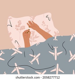 Hands of the girl under the blanket. Person sleeping under soft cozy blanket in bed at home, top view. Morning in bed, coziness, relaxation concept. Hand drawn modern Vector illustration