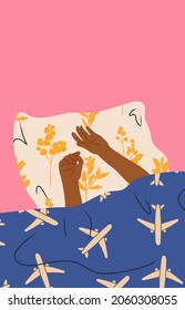 Manos de la niña bajo la manta. Persona durmiendo bajo una blanda y acogedora manta en la cama en casa, vista superior. Buenos días en la cama, comodidad, concepto de relajación. Ilustración de vectores modernos dibujada a mano