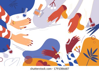 Hands of girls with multi-colored nails, different nationalities concept scene. Colors vector illustration good for manicure salon service