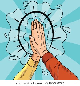 Hands give five pop art. Male hands in gesture of success. Vintage cartoon retro vector illustration. Perfect for conveying a sense of teamwork, collaboration and celebration