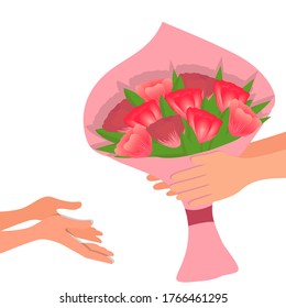 Hands give flowers to other hands. Vector illustration, color cartoon, eps 10. Bouquet of flowers, tulips, isolated on a white background. Concept: congratulation, gift, delivery, romance.