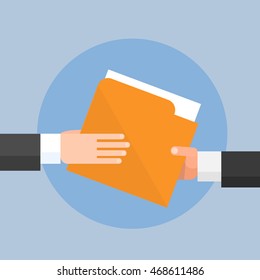 Hands Give Folder Document Papers, Concept Businessmen Share Information Data Icon Flat Vector Illustration