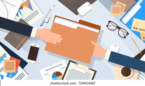 Hands Give Folder Document Papers Share Data Workplace Desk Office Stuff Top Angle View Flat Vector Illustration