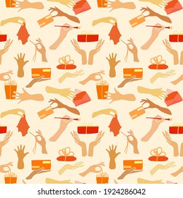 Hands give gifts, paint, do something good. Seamless pattern. vector.