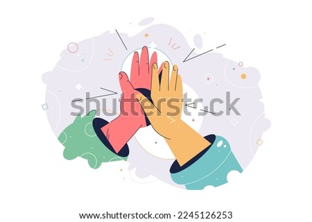 Hands give high five together. Abstract concept of diverse nationality collaborate together for successful result. Team celebration winning and goal achievement idea. Vector illustration.