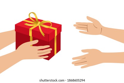 Hands give red box, accept gift, cartoon style. Mockup giftbox with bows set. Container with gold ribbon tape decoration. Cardboard design Birthday Celebration, Christmas Party. Vector illustration