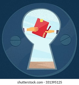 Hands Give Red Folder Secret Document Papers, Concept View Through Door Hole Businessmen Share Information Data Icon Flat Vector Illustration