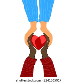 Hands give their heart to another person.