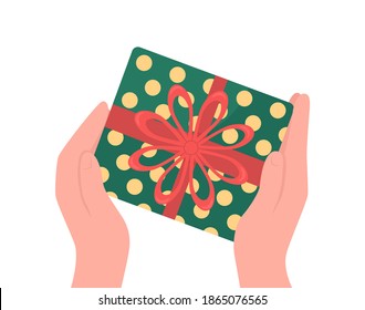 Hands give wrapped gift flat color vector object. Christmas present with ribbon bow. Festive offer. Holiday celebration isolated cartoon illustration for web graphic design and animation