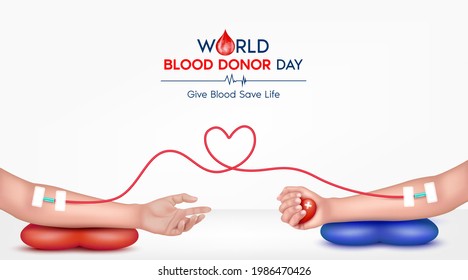Hands of the giver and the recipient to donate blood. Blood donation concept heart medical sign. Give blood save life, World blood donor day-June 14. 3D Vector EPS10 illustration.