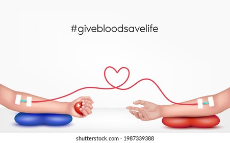 Hands Of The Giver And The Recipient To Donate Blood. Blood Donation Concept Heart Medical Sign. Give Blood Save Life, World Blood Donor Day-June 14. 3D Vector EPS10 Illustration.