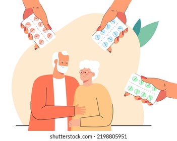 Hands Giving Blister Packs To Old Man And Woman. Elderly Couple Getting Treatment Flat Vector Illustration. Elderly Care, Health, Pharmacy Concept For Banner, Website Design Or Landing Web Page