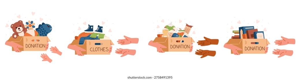 Hands giving boxes with donations toys, clothes, food, books to hands flat vector illustrations set. Charity and donation concepts.