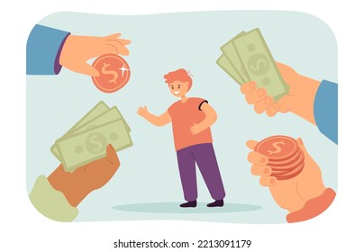 Hands giving cash money to tiny child. People holding lot of dollar coins and bills for gift to boy flat vector illustration. Finance, prize concept for banner, website design or landing web page