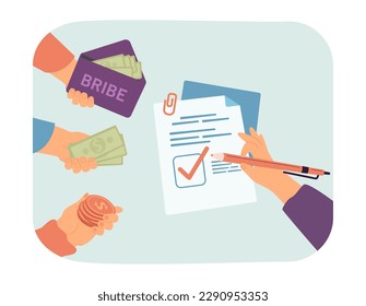 Hands giving cash to person signing contract vector illustration. Drawing of document with checkmark and hand holding pen, people bribing for successful deal. Corruption, finances, bribery concept