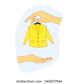 Hands giving clothes  to another hand. Donate Clothes Sign. Outline Illustration.