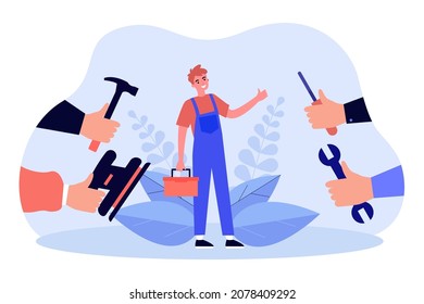 Hands giving construction tools to repairman. Tiny man standing with toolbox flat vector illustration. Renovation work, repair and maintenance concept for banner, website design or landing web page