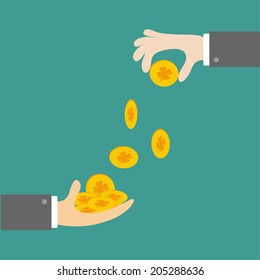 Hands giving four leaf clover gold coin. Flat design style. Vector illustration.