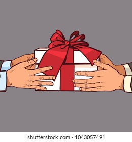 Hands Giving Gift To Another Greeting With Holiday, Sketch Present Box With Red Ribbon Bow Vector Illustration