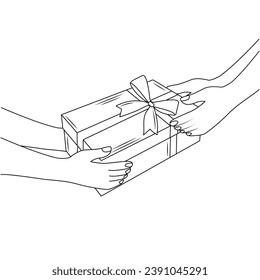 Hands Giving Gift Box To Another Hands Present Outline Receiving Gifting Concept Vector Illustration