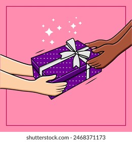 Hands Giving Gift Box Donation Of Diversity People Support And Charity Concept Vector Illustration