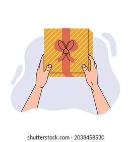 Hands giving a gift box isolated on white background. Vector illustration