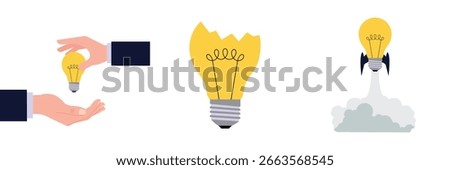 Hands giving a glowing light bulb, concept of sharing ideas. Cracked yellow light bulb. Light bulb rocketship launching with smoke, startup concept. vector illustration.