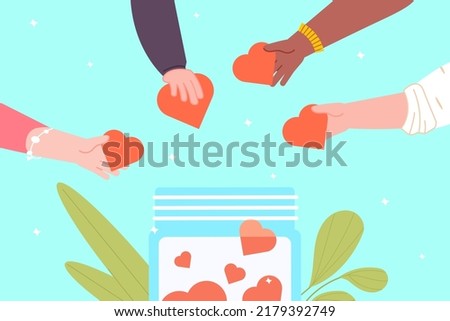 Hands giving heart in jar. Large donation for needy people, hand donate love compassion concept, generous gift volunteer community share humanitarian help hope, vector illustration of charity support