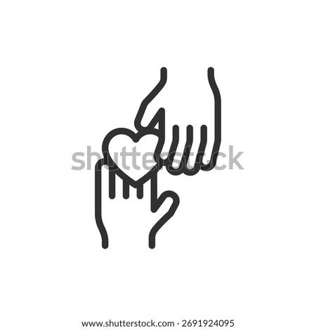 Hands giving heart, linear icon. Help and charity donation. Line with editable stroke.