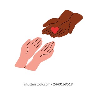 Manos dando corazón, compartiendo amor. Voluntarios donando, ayudando, apoyando. Concepto de caridad, ayuda humanitaria, asistencia, esperanza y donación. Ilustración vectorial plana aislada sobre fondo blanco