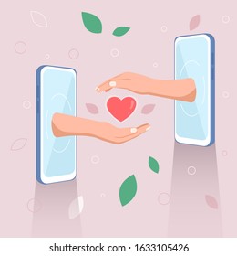 Hands giving hearts from smartphone, love at a distance. Vector illustration