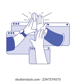 Hands Giving High Five Gesture in Web Window as Business Meeting Online Vector Illustration