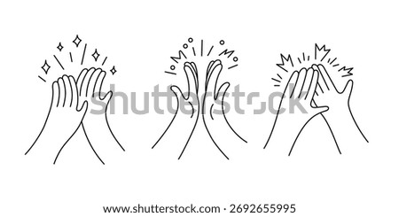 Hands giving high five with sparkle effect doodle line set. Hand clap, applause. Outline hand drawn icons for applause gesture and teamwork success concept. Vector illustration