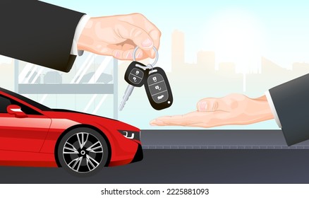 Hands giving keys in dealer showroom of new red car, automobile. Woman and agent at deal purchase sell, rent or get full car service. Realistic men hand in black suit with keys. vector illustration