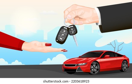 Hands giving keys of red luxury sport car, expensive automobile in city parking. Woman take key of agent at deal purchase sell, rent. Realistic men hand in black suit with keyring. Vector illustration