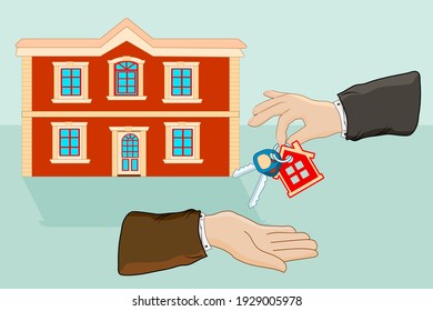 Hands giving keys with small house key ring given from one hand to another. Real estate or sale concept. Businessman hands giving key for house, successful investment concept.Stock vector illustration